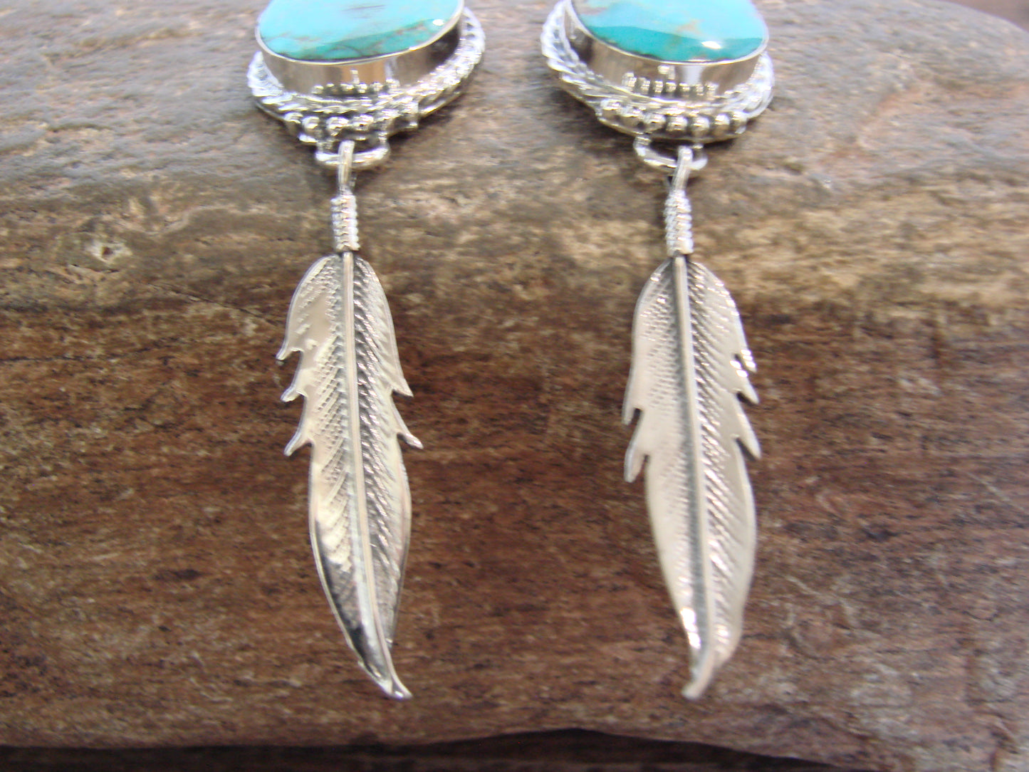 Native American Sterling Silver & Turquoise Post Feather Dangle Earrings by Smith