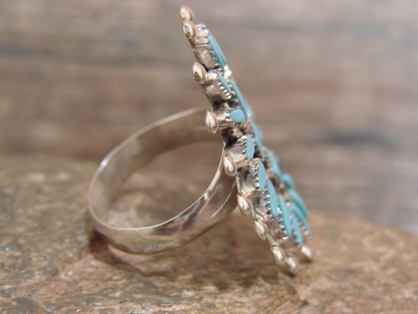 Native American Sterling Silver & Turquoise Cluster Needlepoint Ring - Hustito - Size 8.5