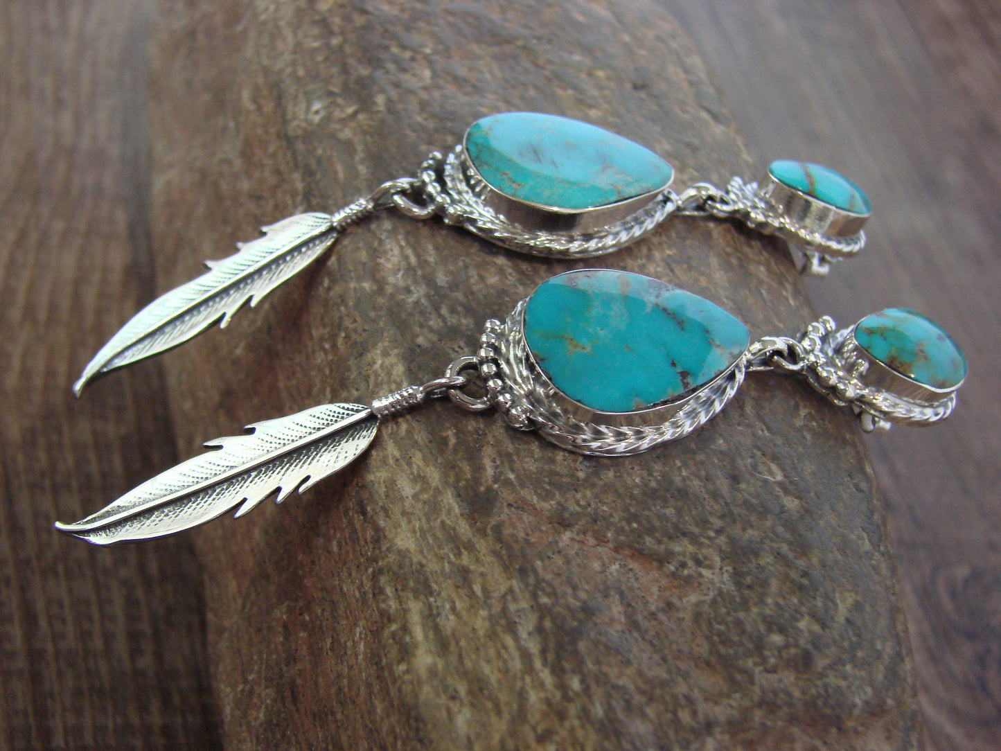 Native American Sterling Silver & Turquoise Post Feather Dangle Earrings by Smith