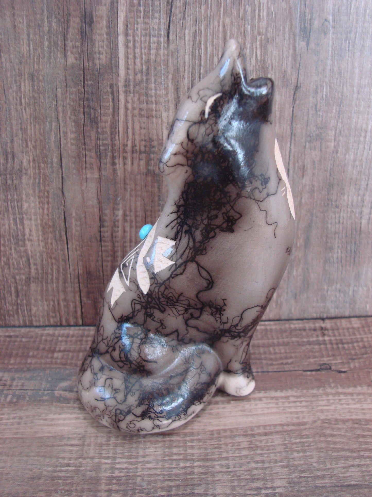 Navajo Pottery Horse Hair Howling Wolf Sculpture by Vail