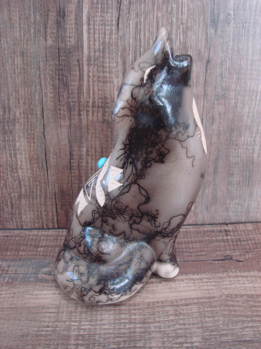 Navajo Pottery Horse Hair Howling Wolf Sculpture by Vail