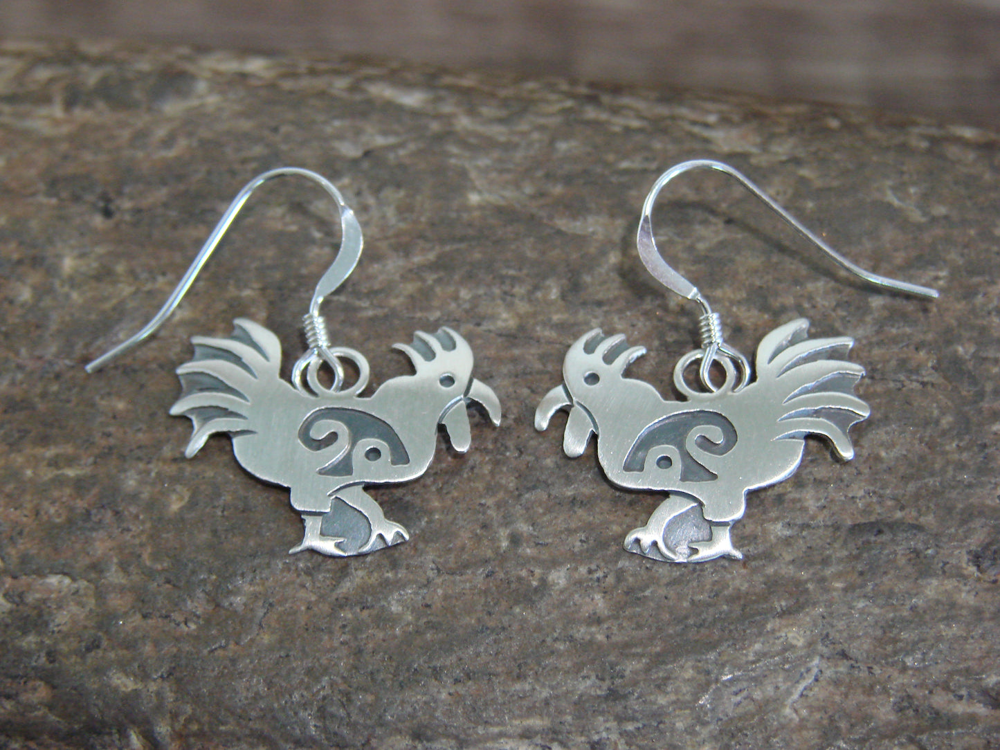 Native American Sterling Silver Rooster Dangle Earrings by Gene