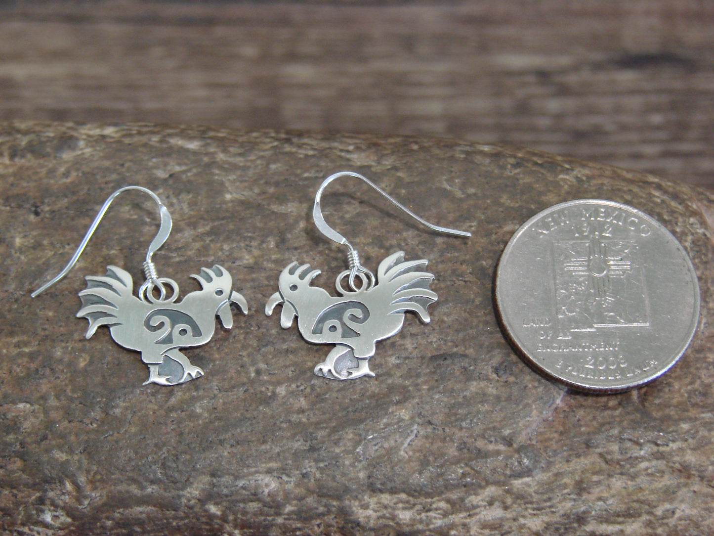Native American Sterling Silver Rooster Dangle Earrings by Gene
