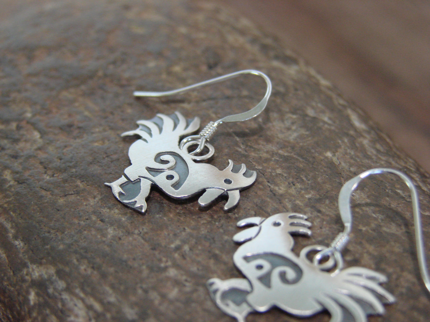 Native American Sterling Silver Rooster Dangle Earrings by Gene