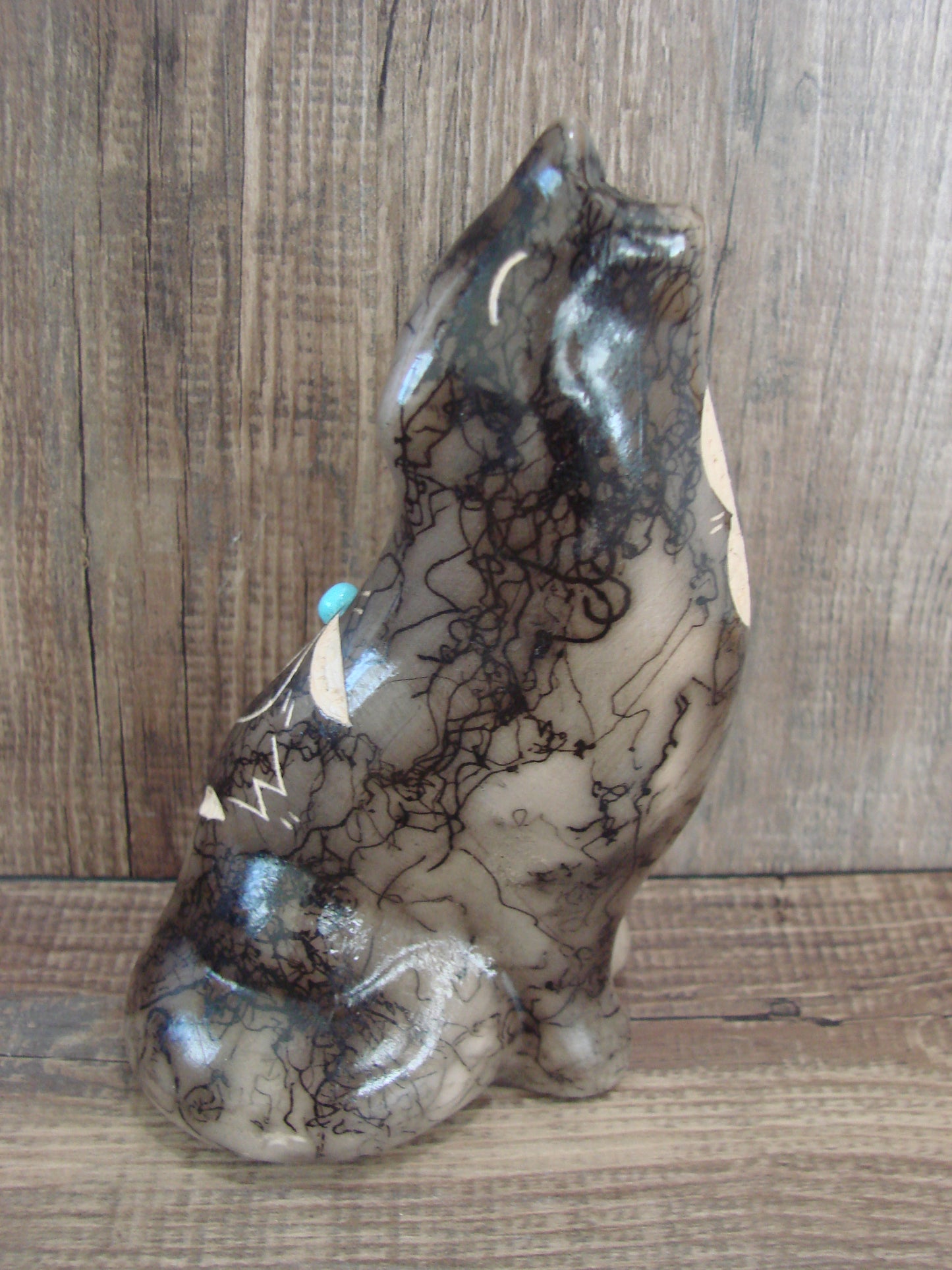 Navajo Pottery Horse Hair Howling Wolf Sculpture by Vail