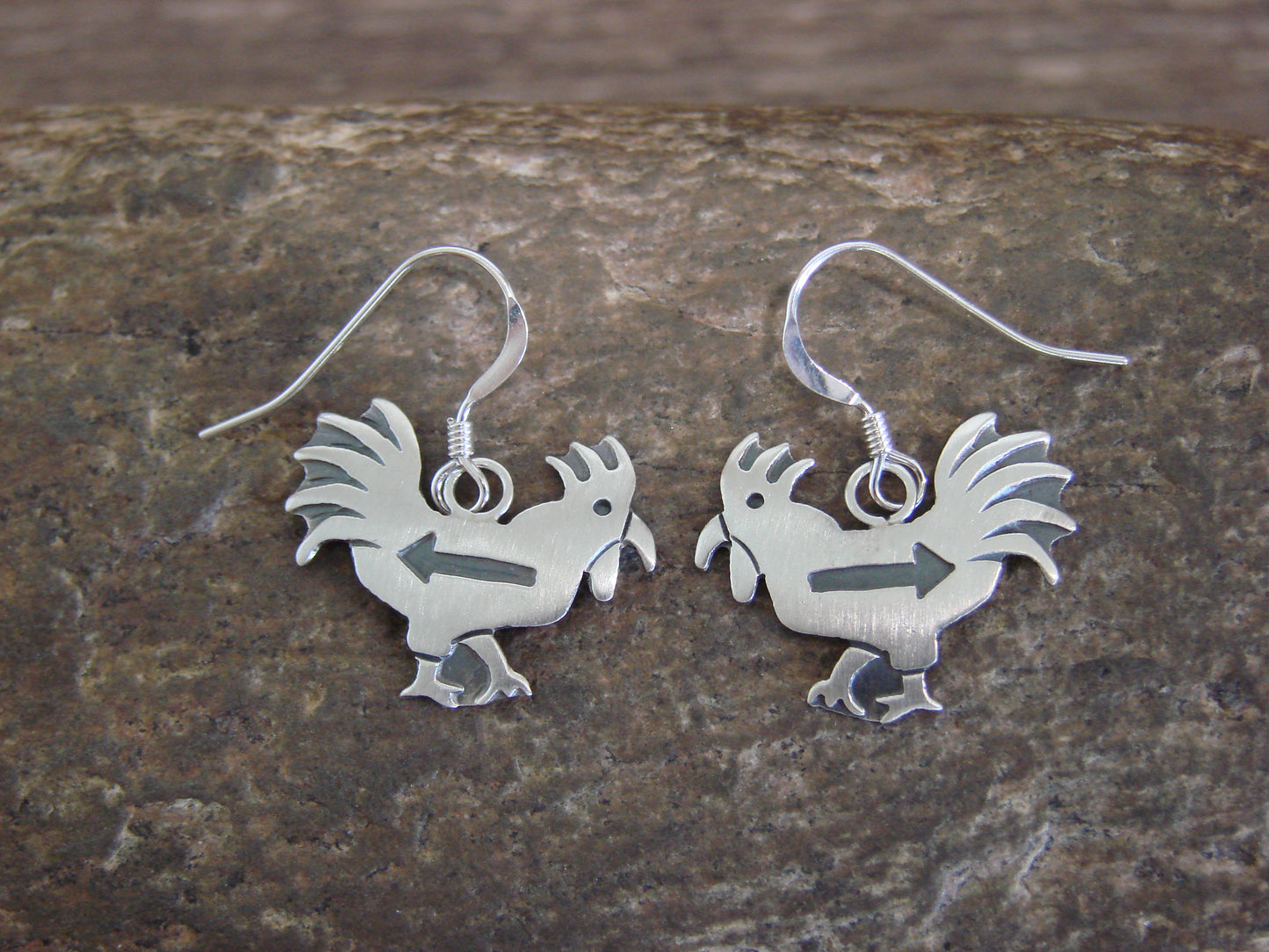 Native American Sterling Silver Rooster Dangle Earrings by Gene