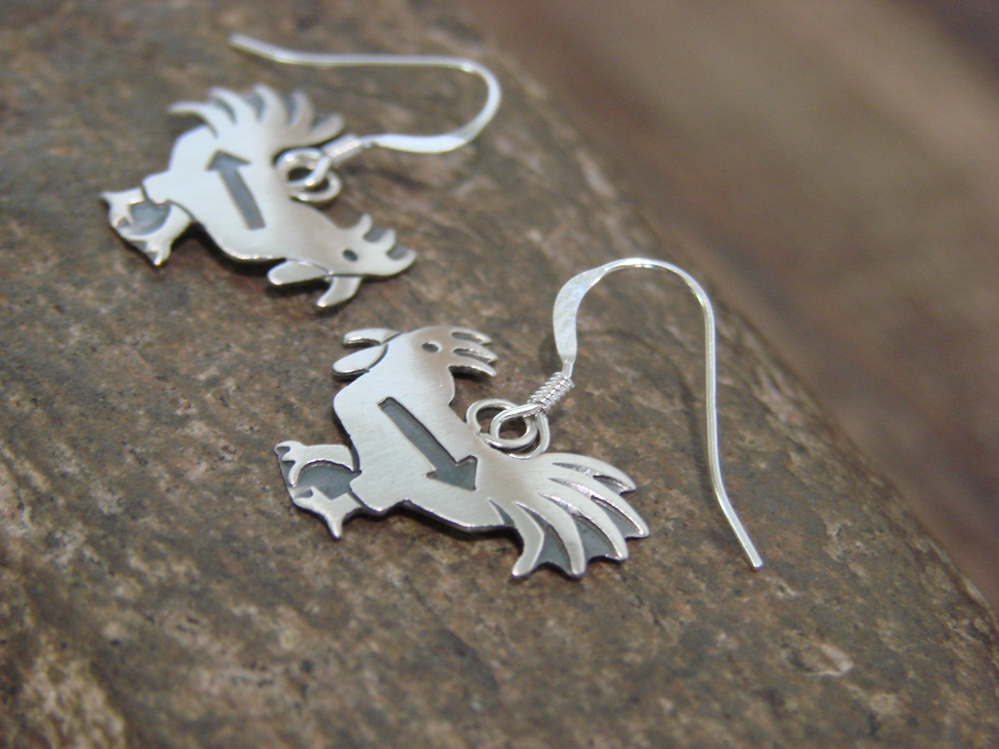 Native American Sterling Silver Rooster Dangle Earrings by Gene