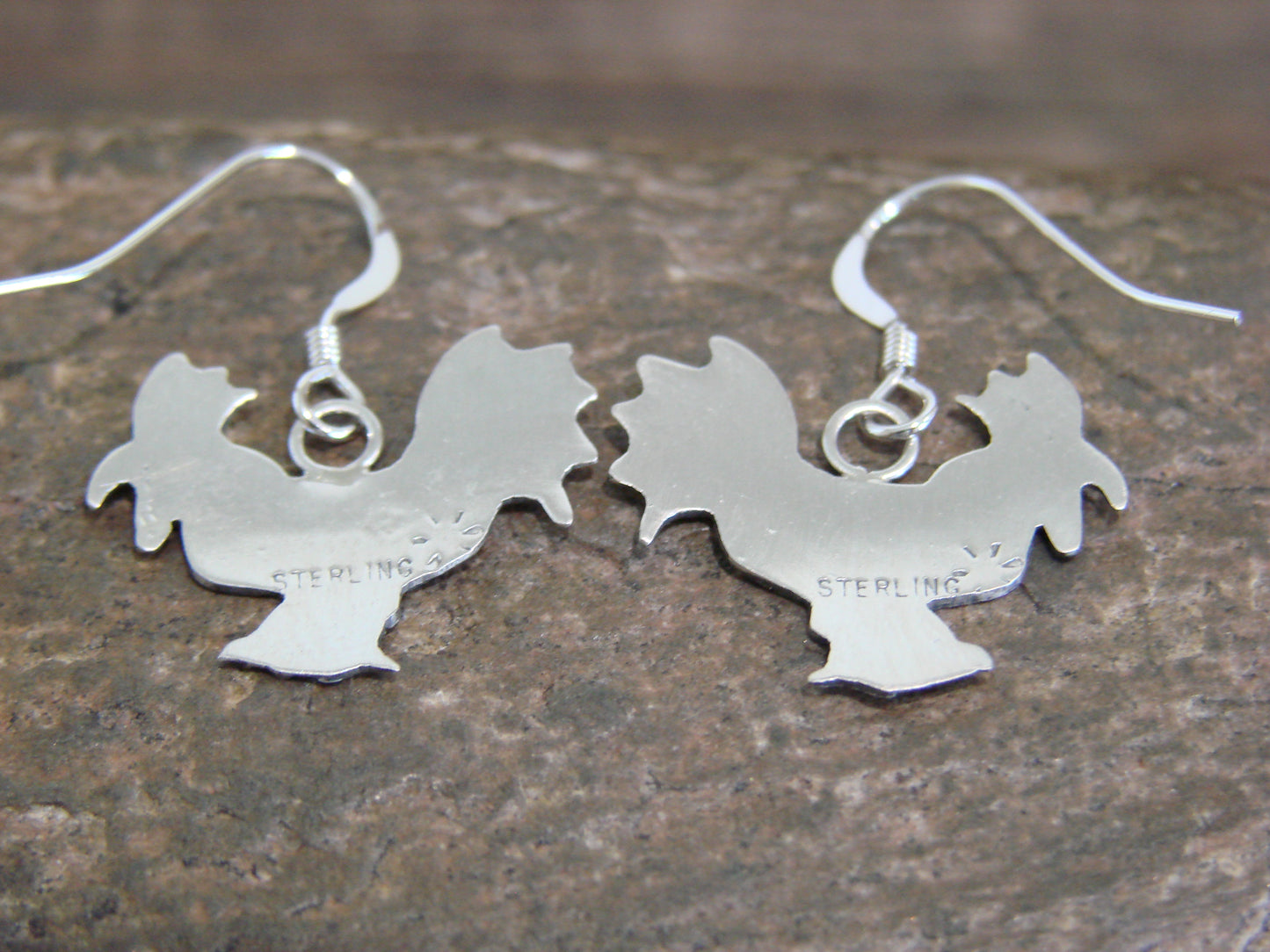 Native American Sterling Silver Rooster Dangle Earrings by Gene