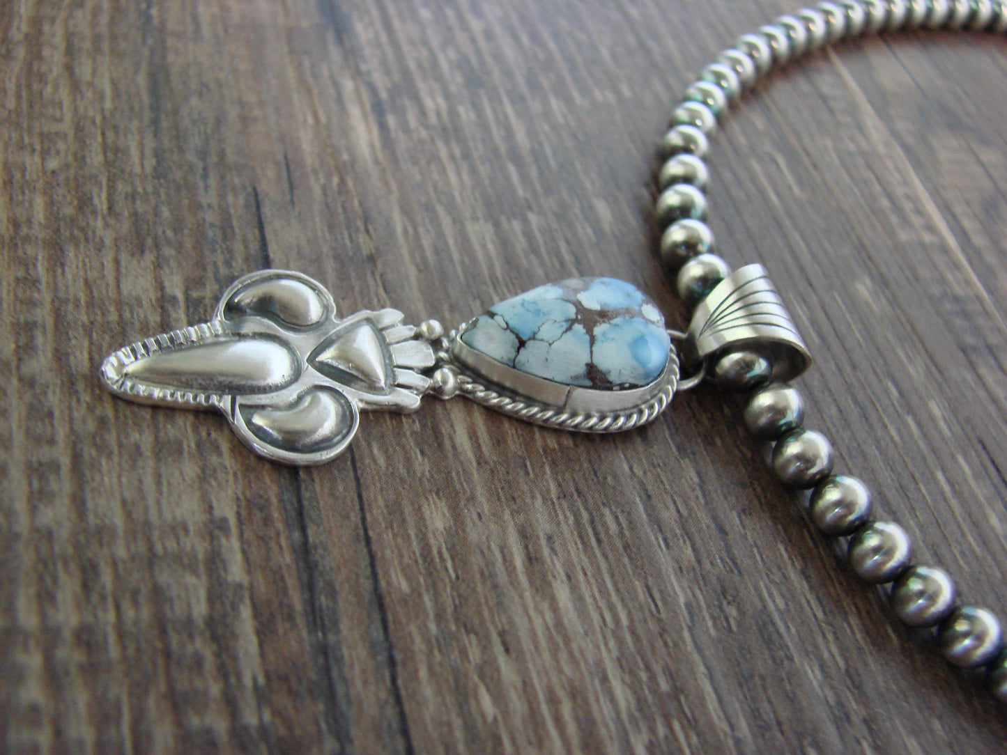 Native American 16" Sterling Silver & Turquoise Navajo Pearl Necklace by McCarthy