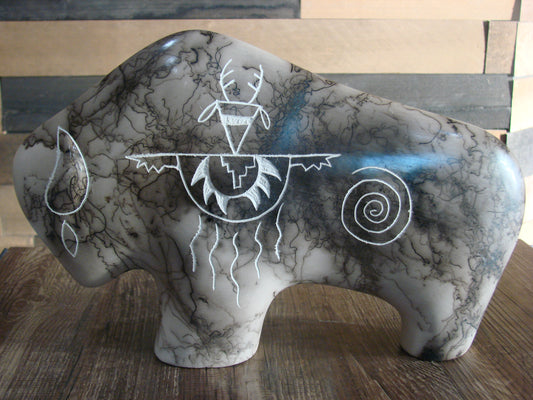 Native American Pottery Horse Hair Buffalo Sculpture by Yellow Corn