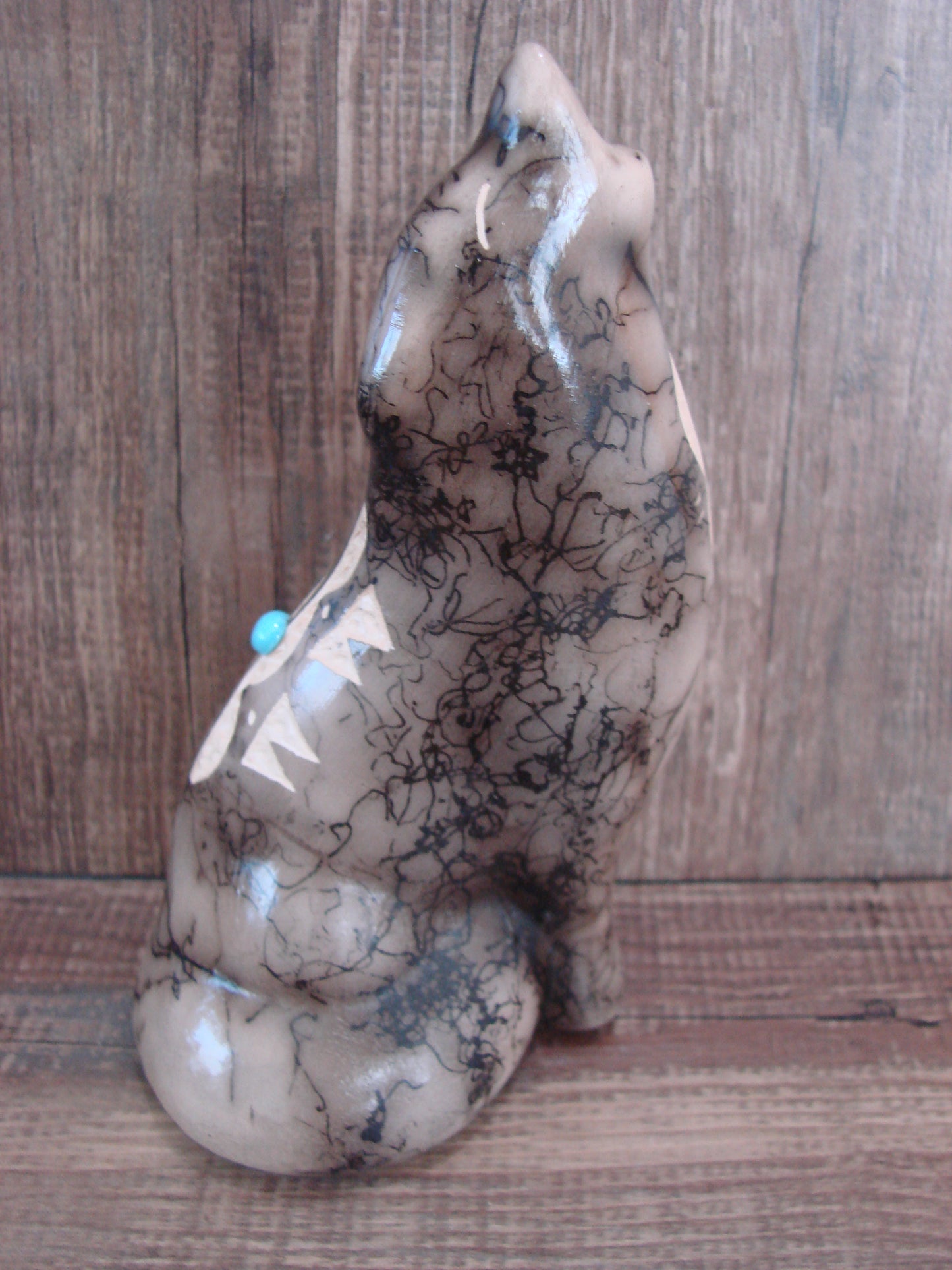 Navajo Pottery Horse Hair Howling Wolf Sculpture by Vail