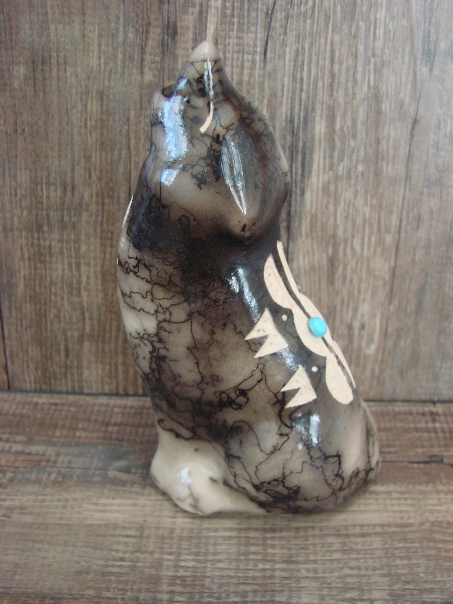 Navajo Pottery Horse Hair Howling Wolf Sculpture by Vail