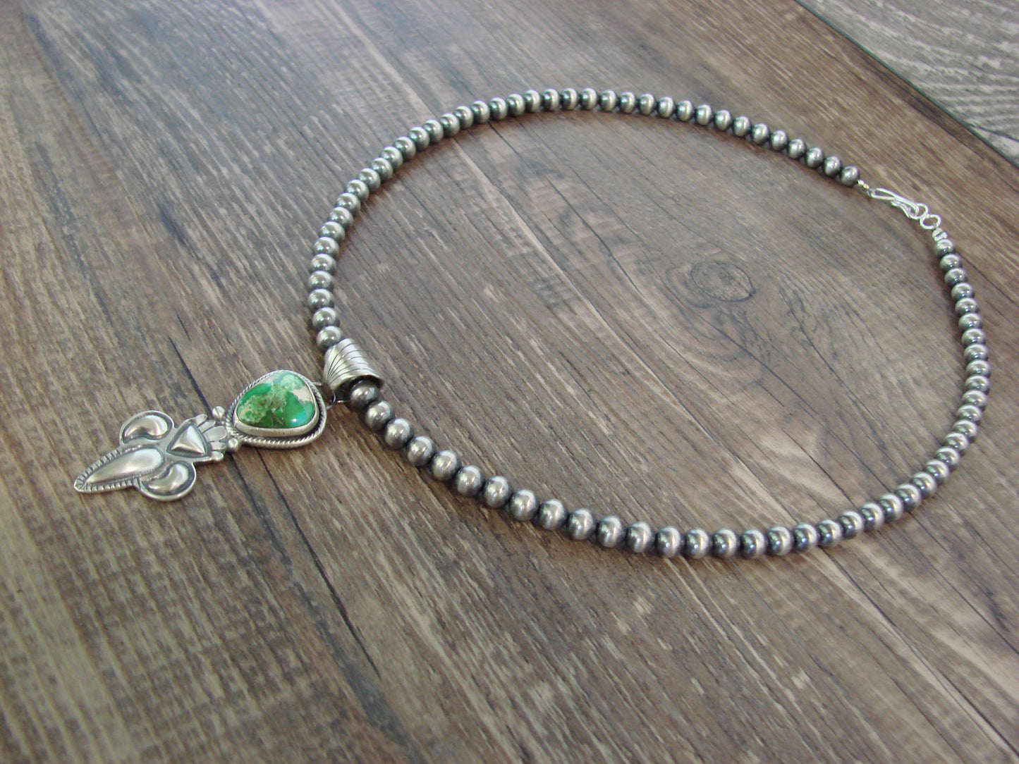 Native American 16" Sterling Silver & Turquoise Navajo Pearl Necklace by McCarthy