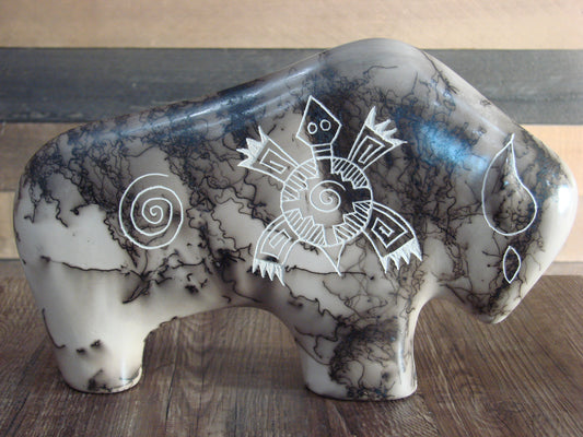 Native American Pottery Horse Hair Buffalo Sculpture by Yellow Corn