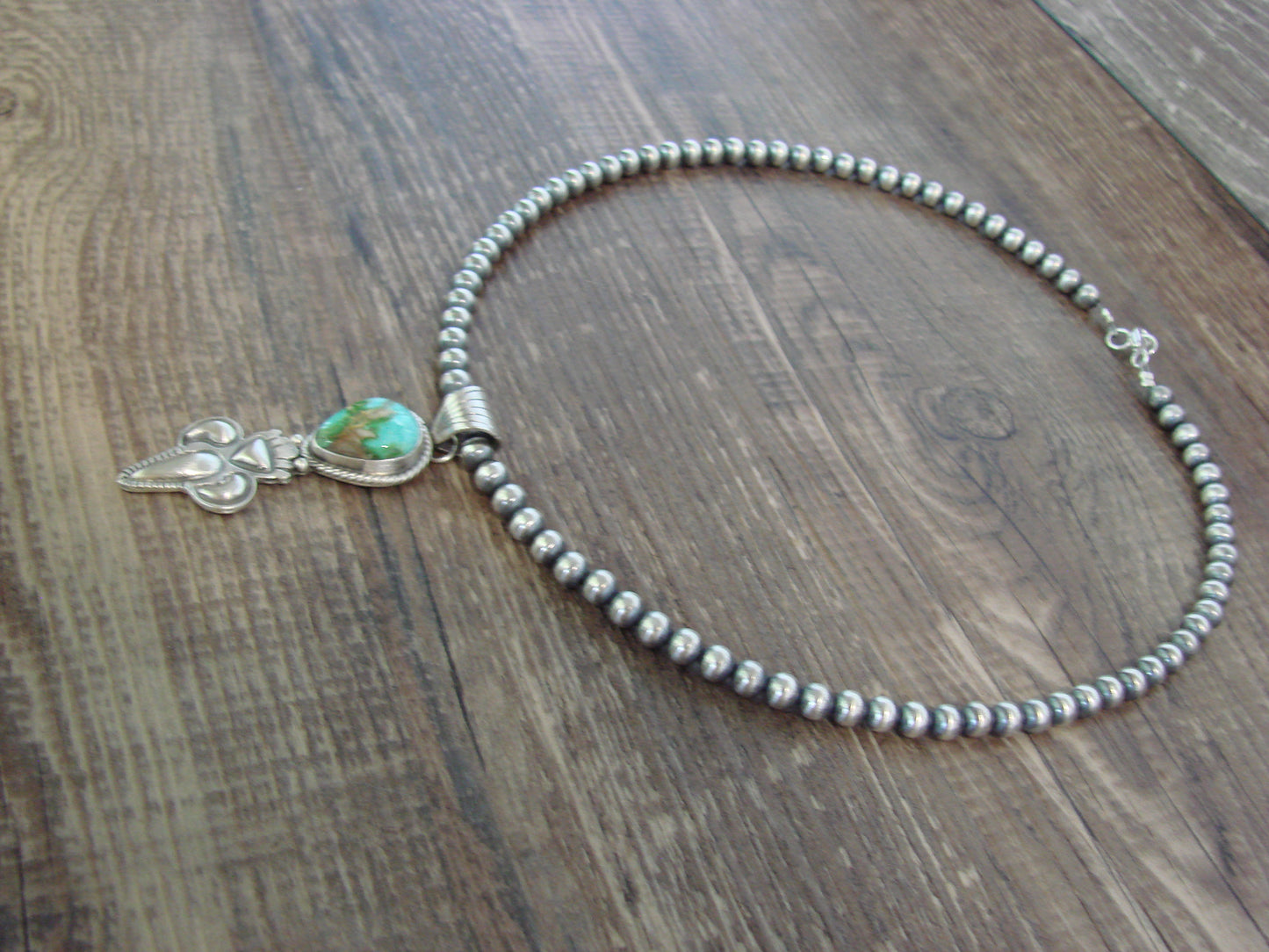 Native American 16" Sterling Silver & Turquoise Navajo Pearl Necklace by McCarthy