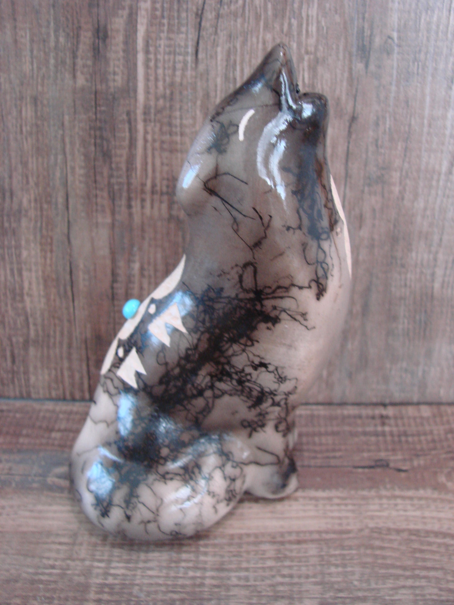 Navajo Pottery Horse Hair Howling Wolf Sculpture by Vail