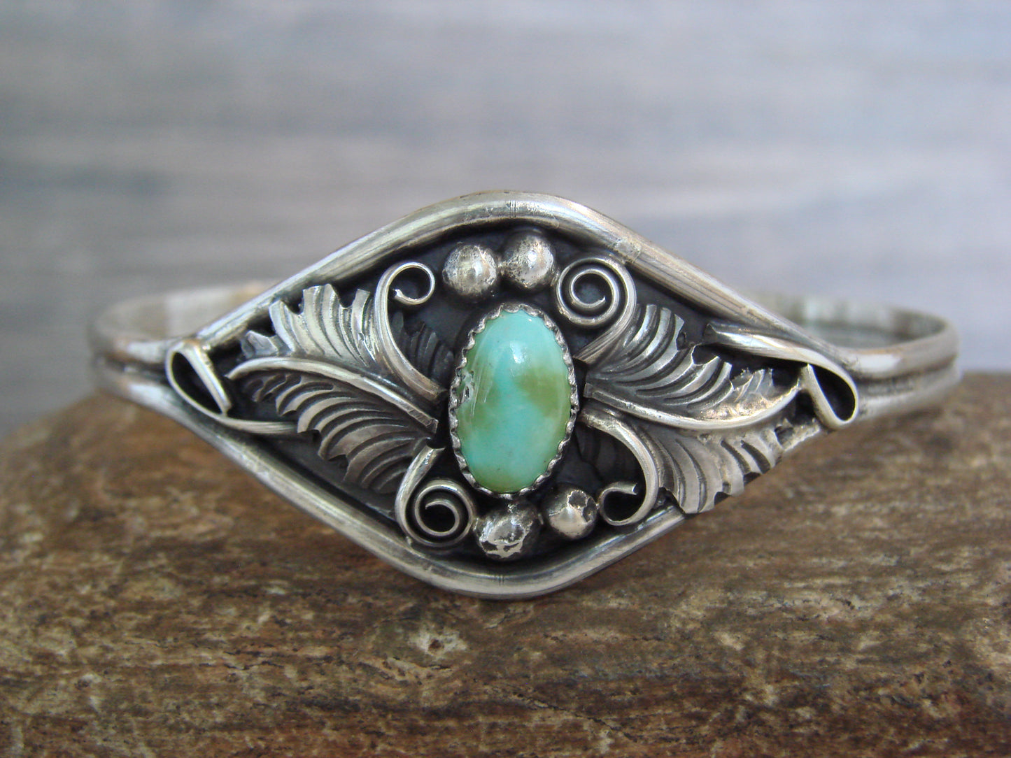 Native American Sterling Silver & Turquoise Feather Bracelet Signed Yazzie