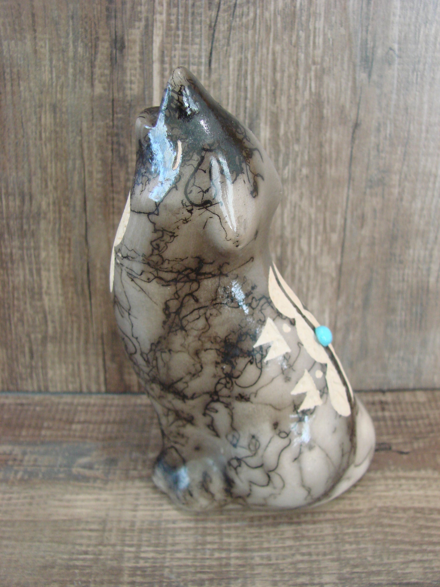 Navajo Pottery Horse Hair Howling Wolf Sculpture by Vail