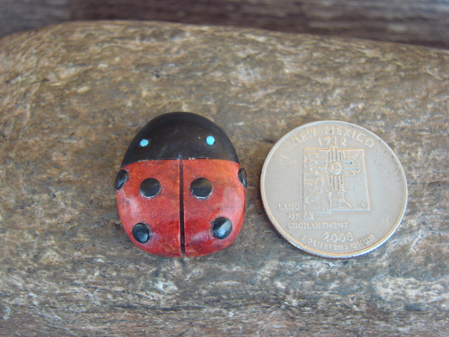 Native American Zuni Hand Carved Coral Ladybug Fetish by Lonasee