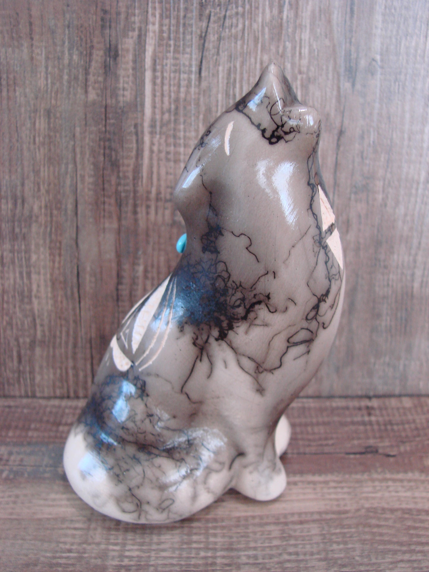 Navajo Pottery Horse Hair Howling Wolf Sculpture by Vail