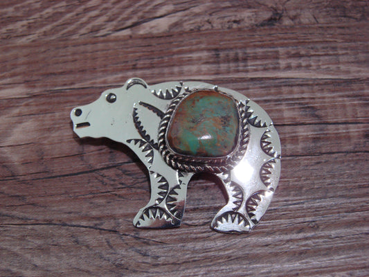 Navajo Indian Nickel Silver & Turquoise Bear Pendant - Cleveland