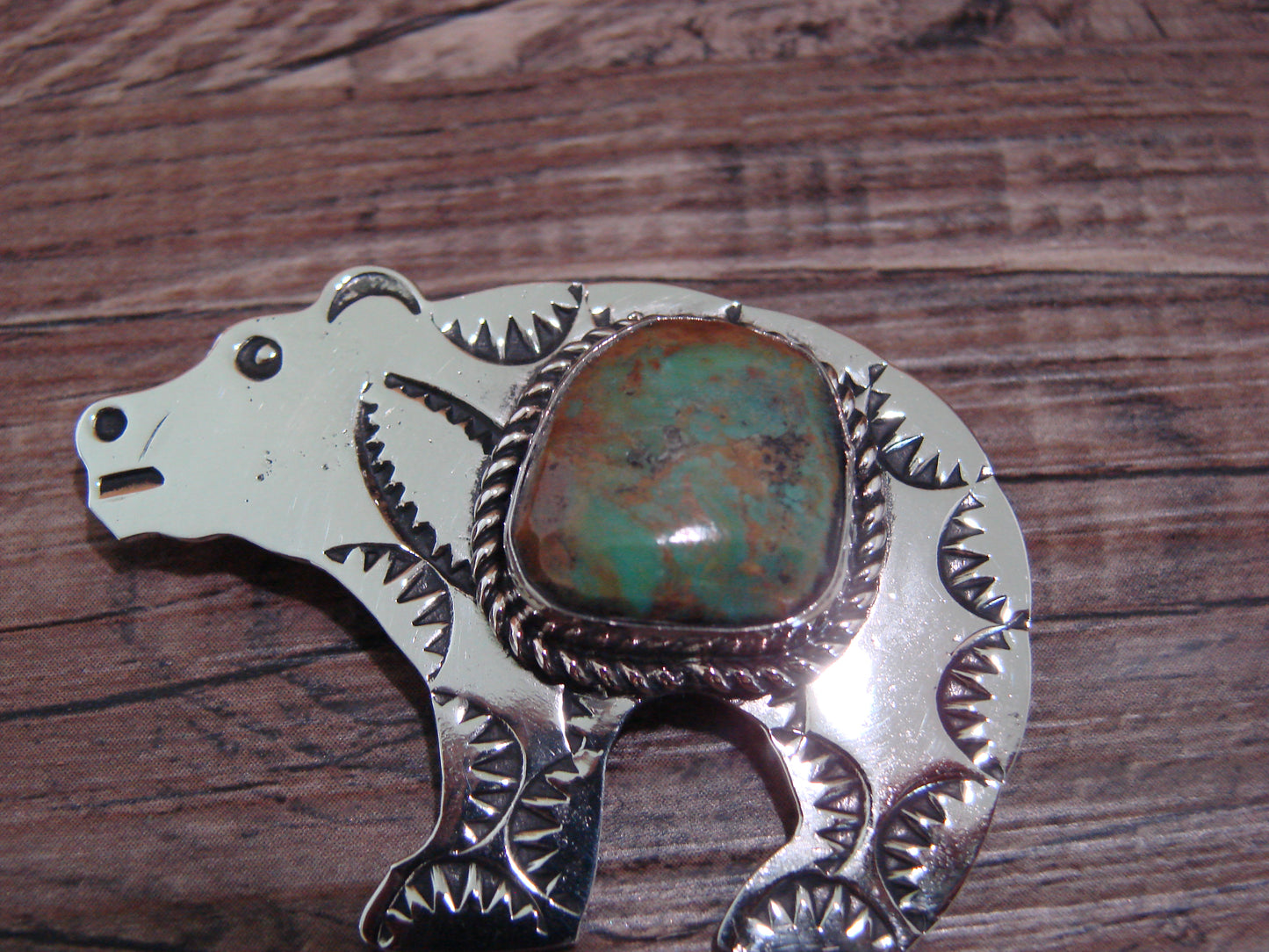 Navajo Indian Nickel Silver & Turquoise Bear Pendant - Cleveland