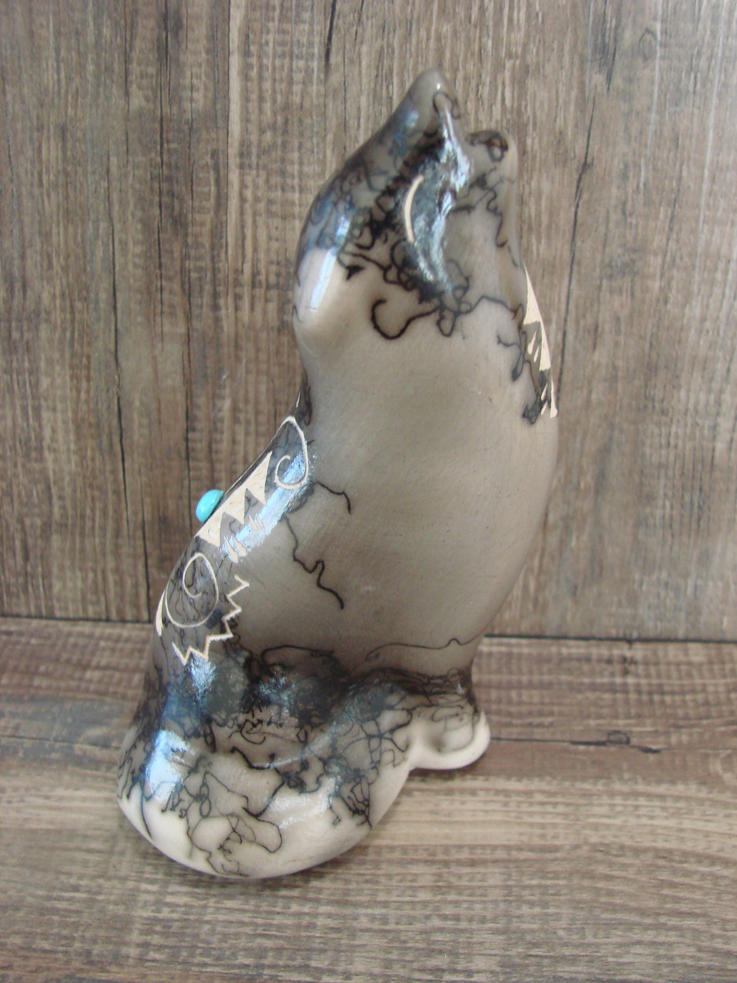 Navajo Pottery Horse Hair Howling Wolf Sculpture by Vail