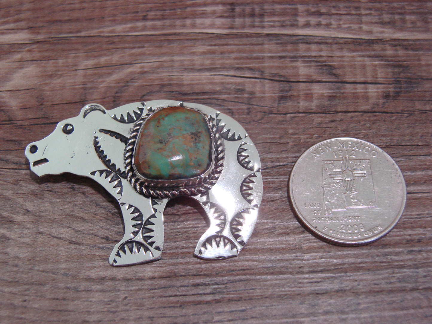 Navajo Indian Nickel Silver & Turquoise Bear Pendant - Cleveland