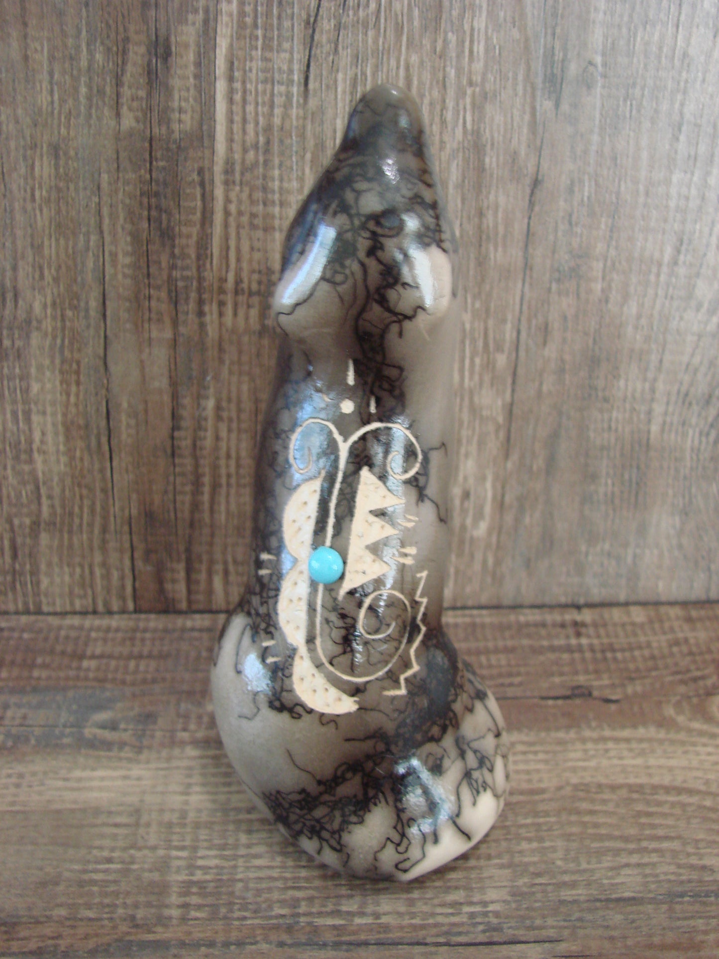 Navajo Pottery Horse Hair Howling Wolf Sculpture by Vail
