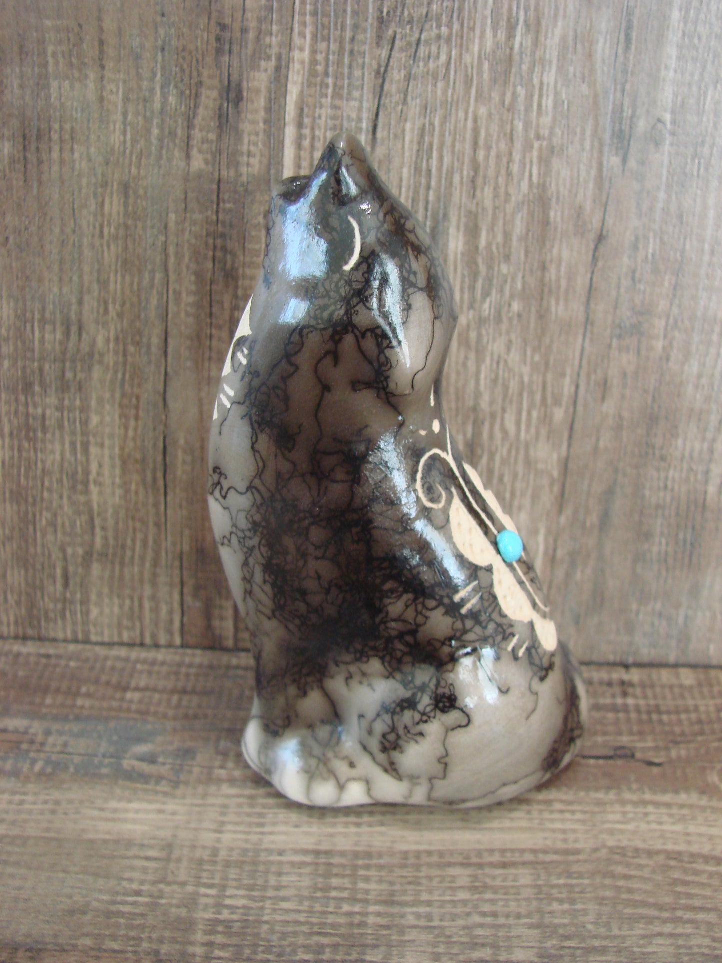 Navajo Pottery Horse Hair Howling Wolf Sculpture by Vail
