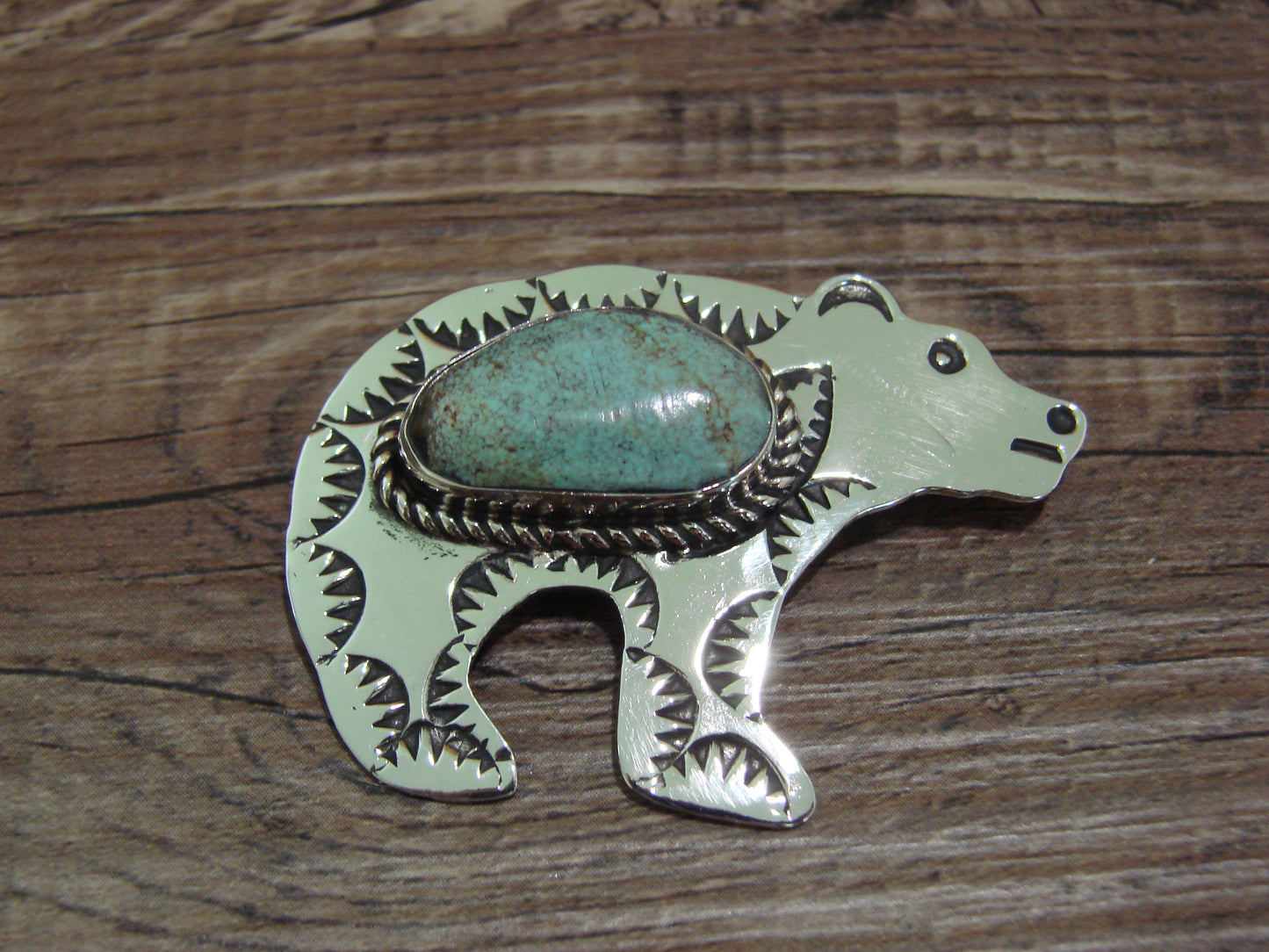 Navajo Indian Nickel Silver & Turquoise Bear Pendant - Cleveland