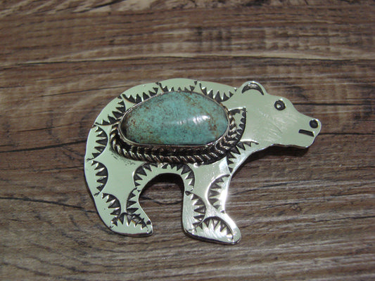 Navajo Indian Nickel Silver & Turquoise Bear Pendant - Cleveland