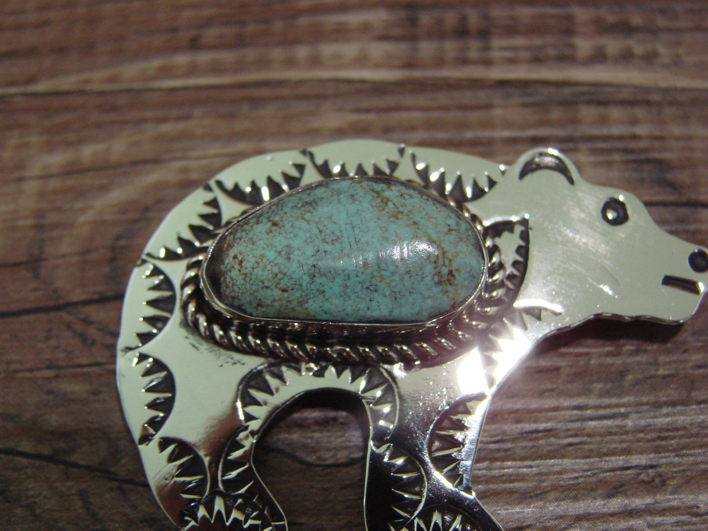 Navajo Indian Nickel Silver & Turquoise Bear Pendant - Cleveland