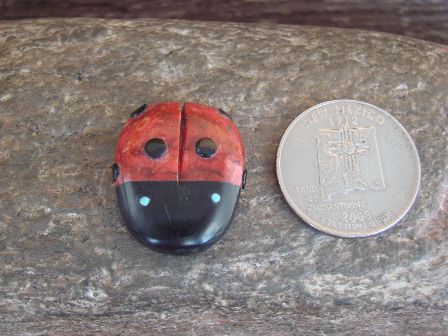 Native American Zuni Hand Carved Coral Ladybug Fetish by Lonasee