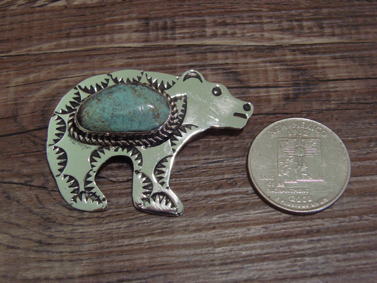 Navajo Indian Nickel Silver & Turquoise Bear Pendant - Cleveland