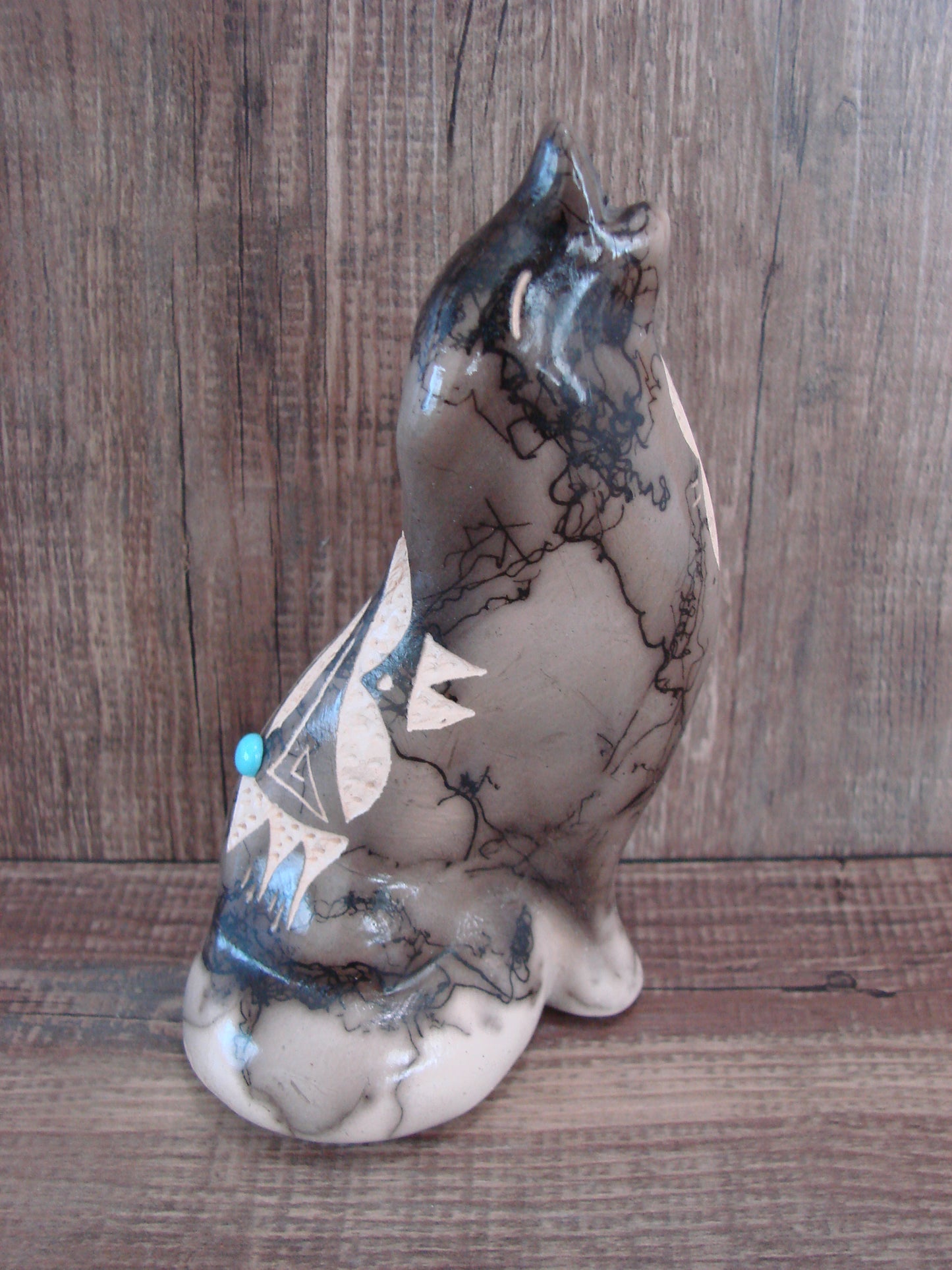Navajo Pottery Horse Hair Howling Wolf Sculpture by Vail