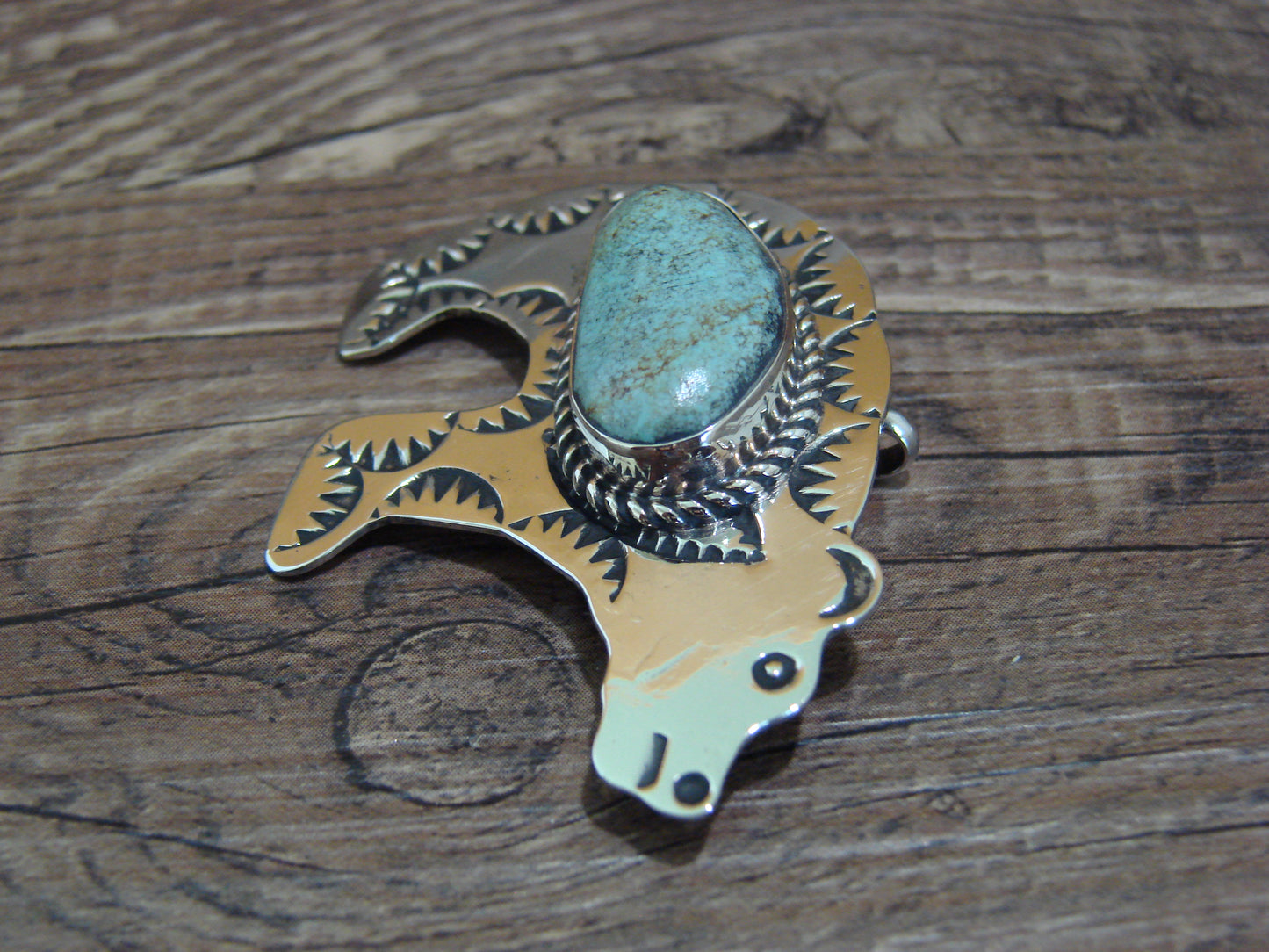 Navajo Indian Nickel Silver & Turquoise Bear Pendant - Cleveland