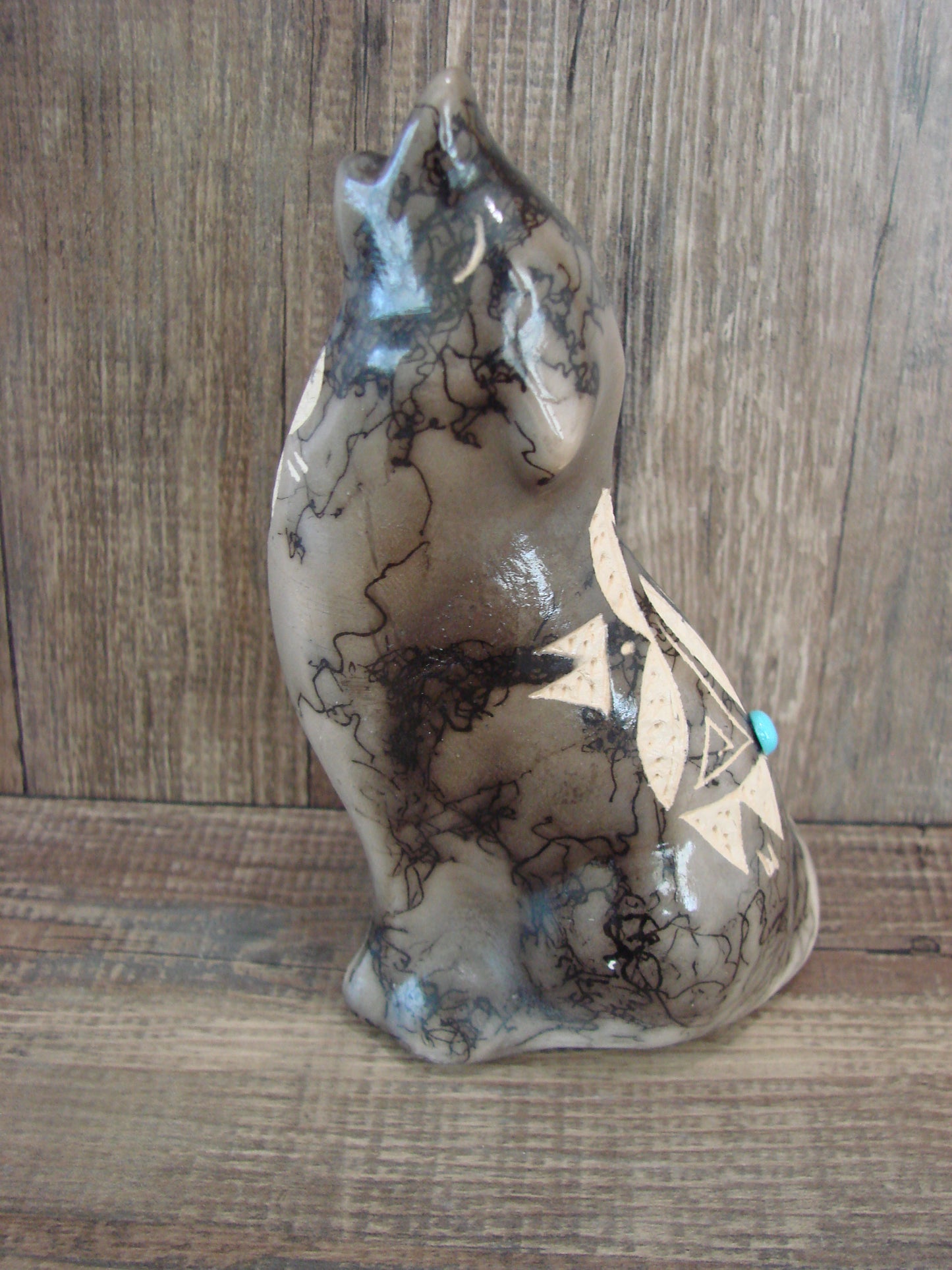 Navajo Pottery Horse Hair Howling Wolf Sculpture by Vail