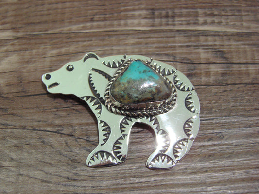 Navajo Indian Nickel Silver & Turquoise Bear Pendant - Cleveland