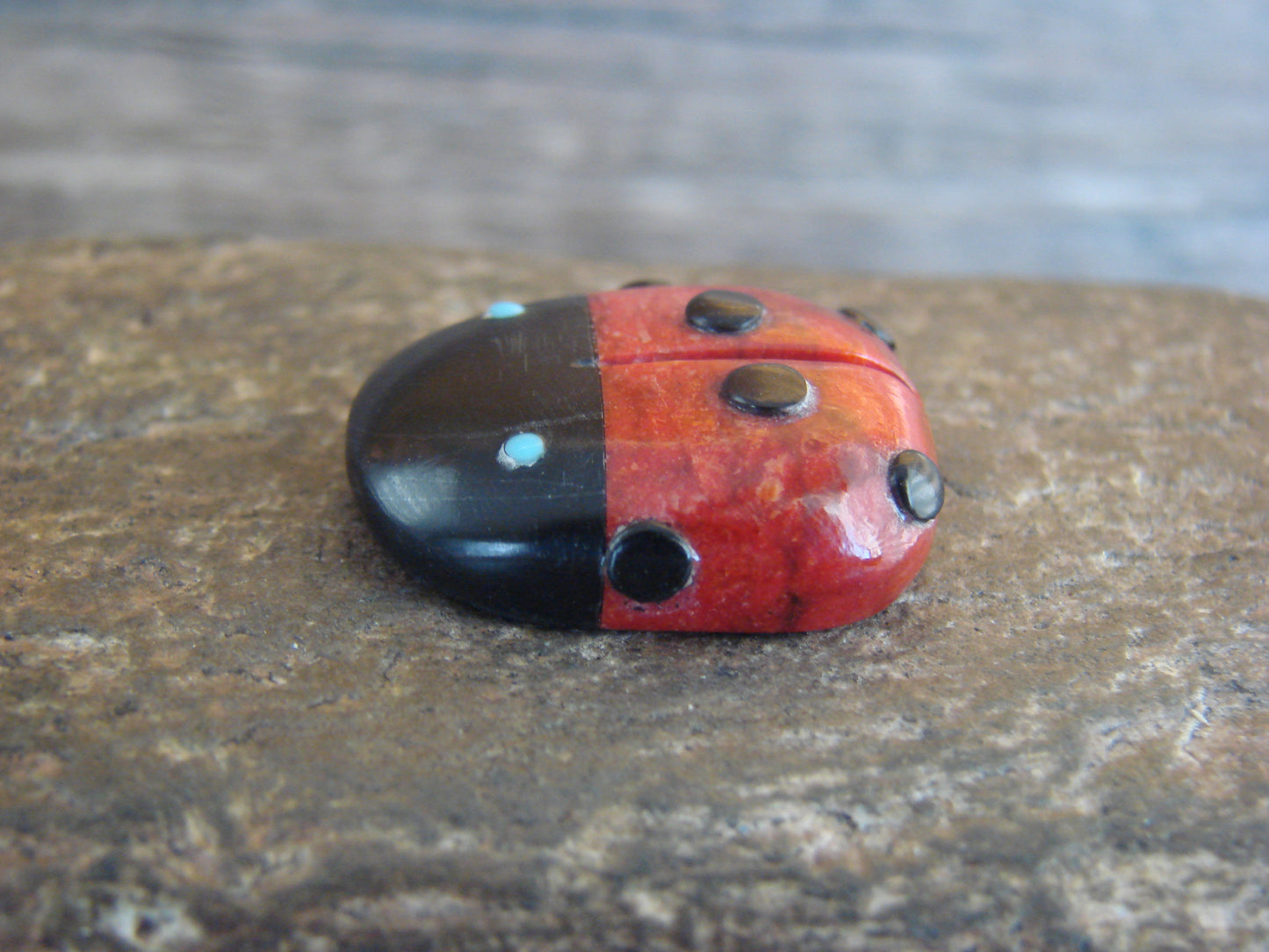 Native American Zuni Hand Carved Coral Ladybug Fetish by Lonasee