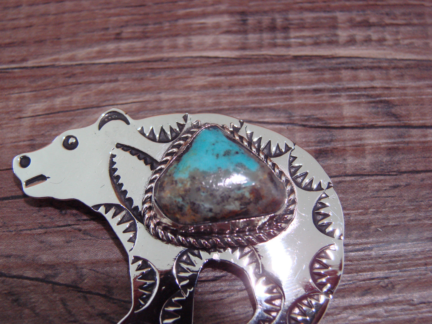 Navajo Indian Nickel Silver & Turquoise Bear Pendant - Cleveland