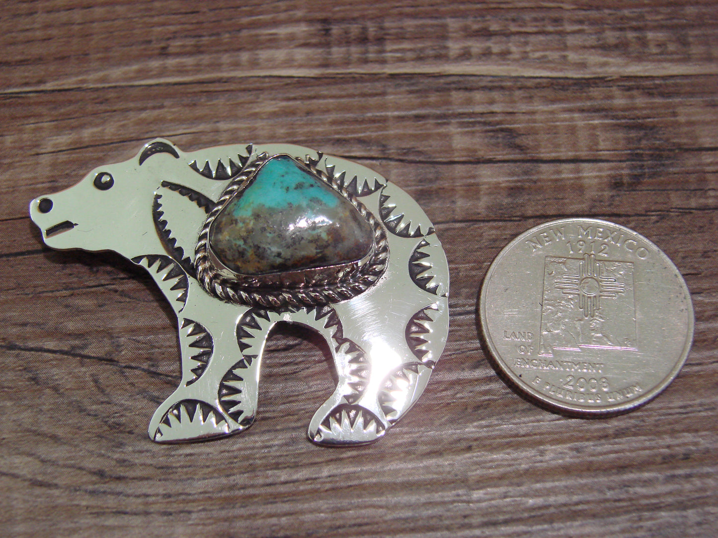 Navajo Indian Nickel Silver & Turquoise Bear Pendant - Cleveland