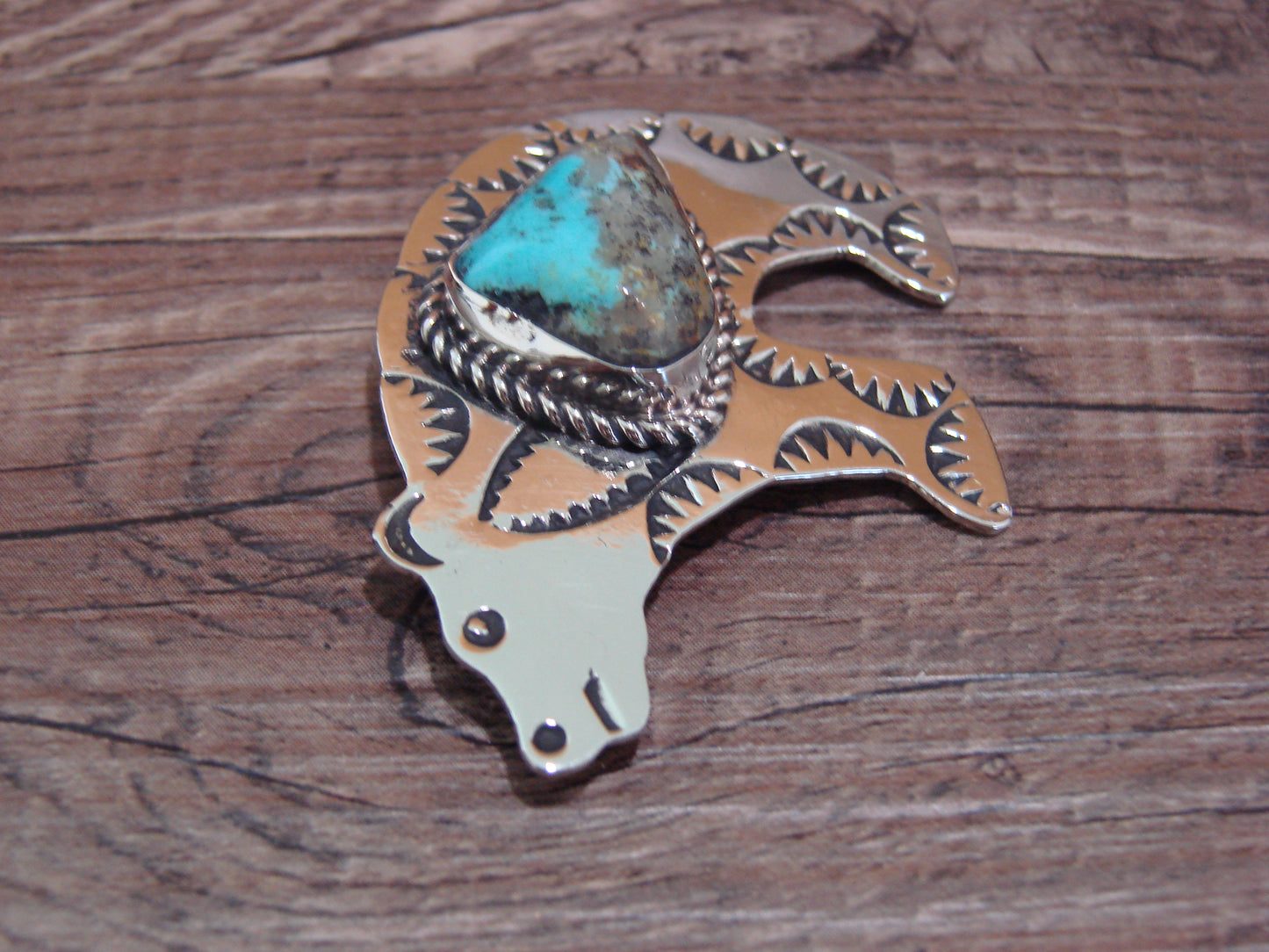 Navajo Indian Nickel Silver & Turquoise Bear Pendant - Cleveland