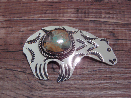Navajo Indian Nickel Silver & Turquoise Bear Pendant - Cleveland