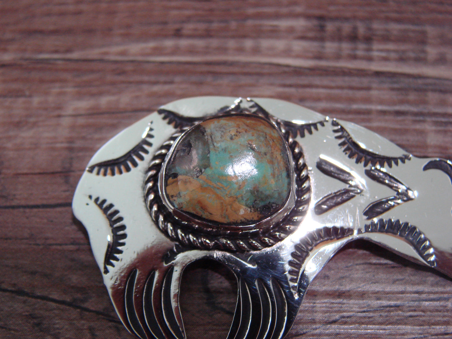 Navajo Indian Nickel Silver & Turquoise Bear Pendant - Cleveland