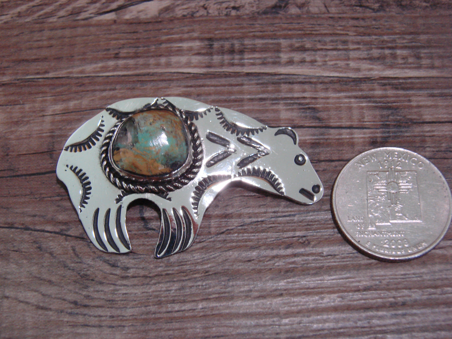 Navajo Indian Nickel Silver & Turquoise Bear Pendant - Cleveland