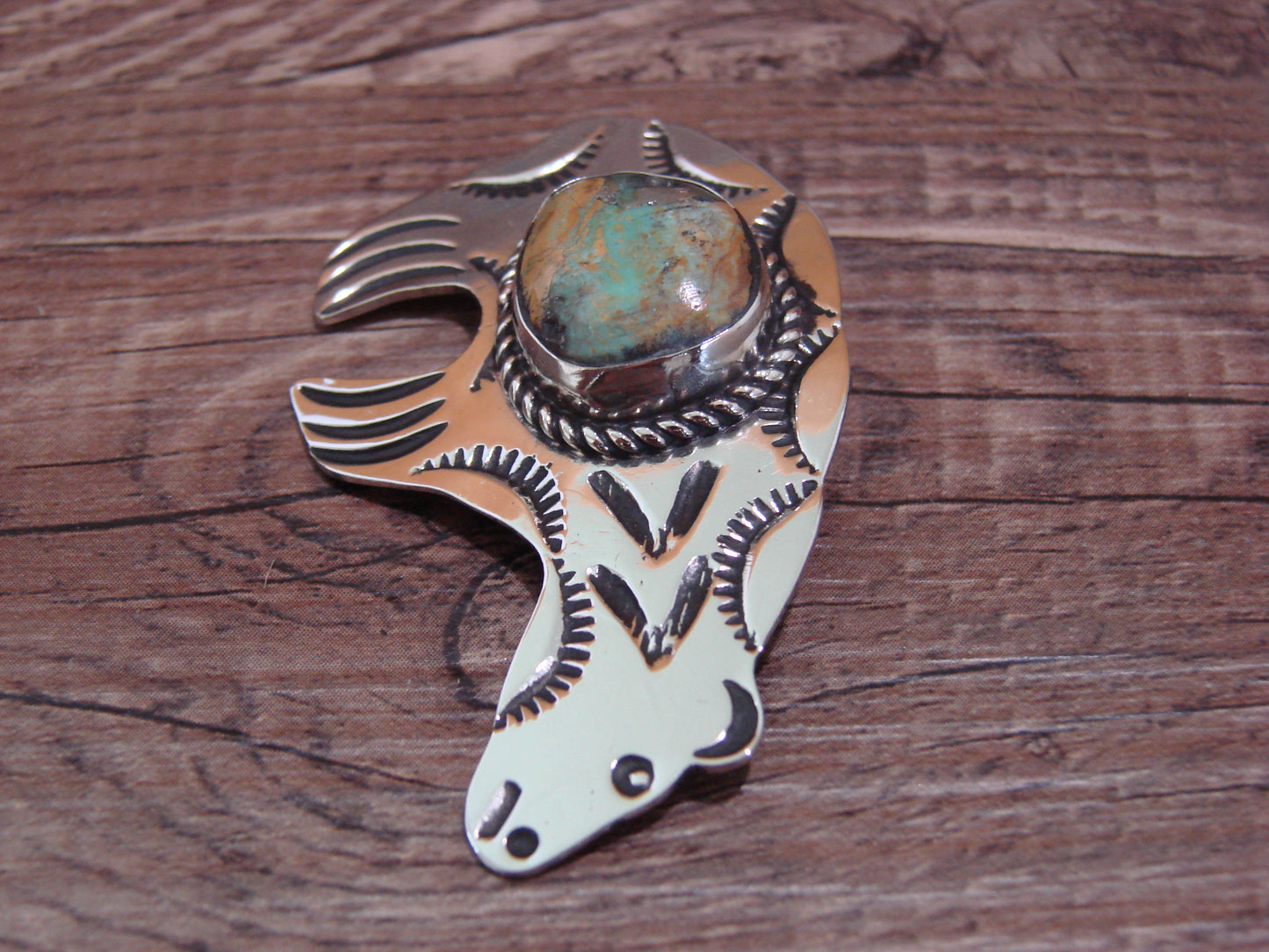 Navajo Indian Nickel Silver & Turquoise Bear Pendant - Cleveland