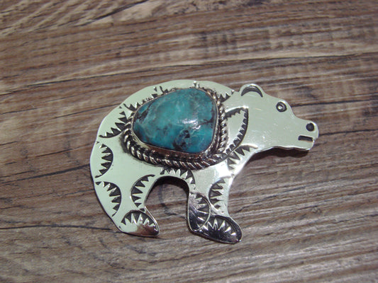 Navajo Indian Nickel Silver & Turquoise Bear Pendant - Cleveland