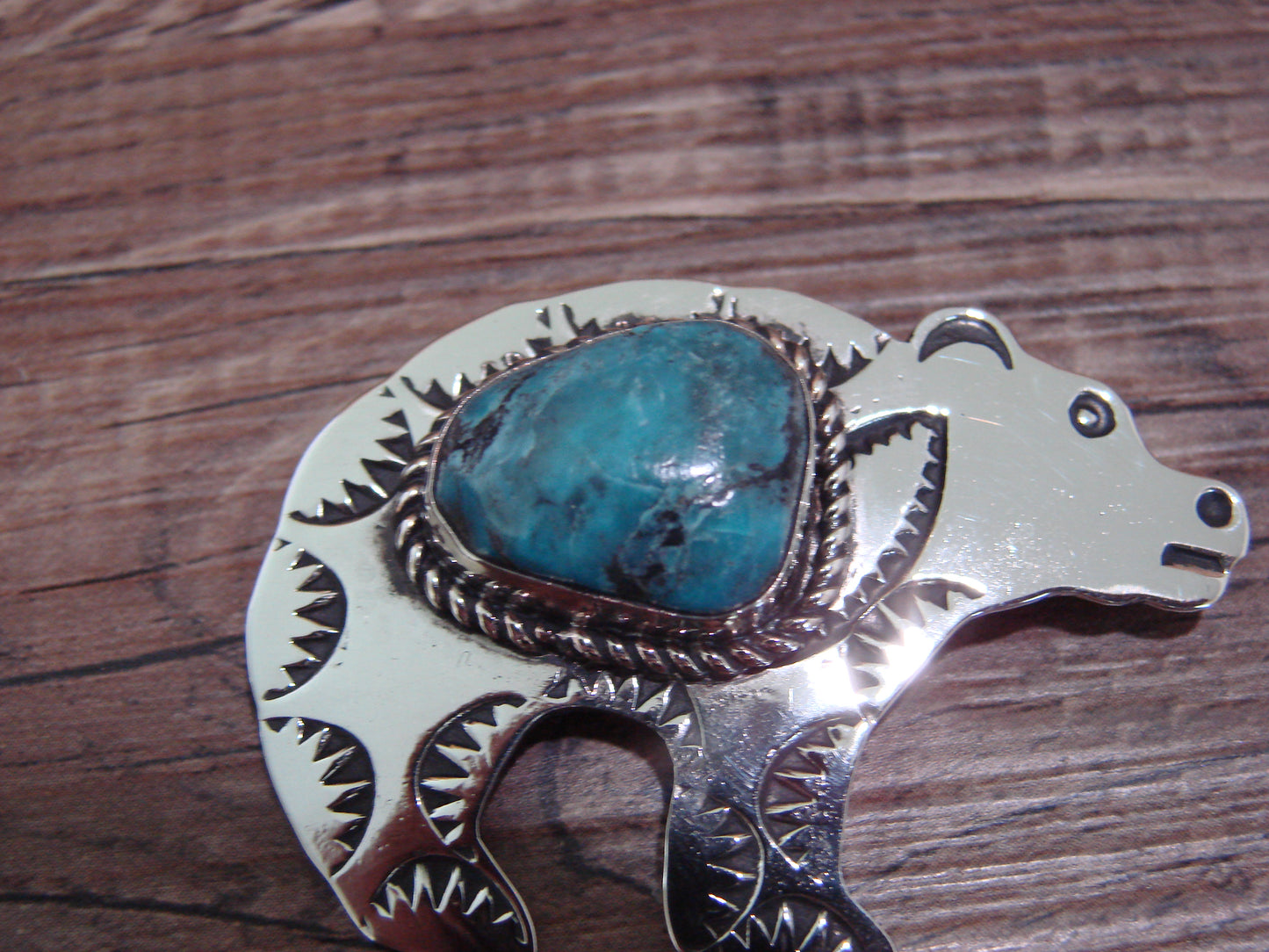 Navajo Indian Nickel Silver & Turquoise Bear Pendant - Cleveland