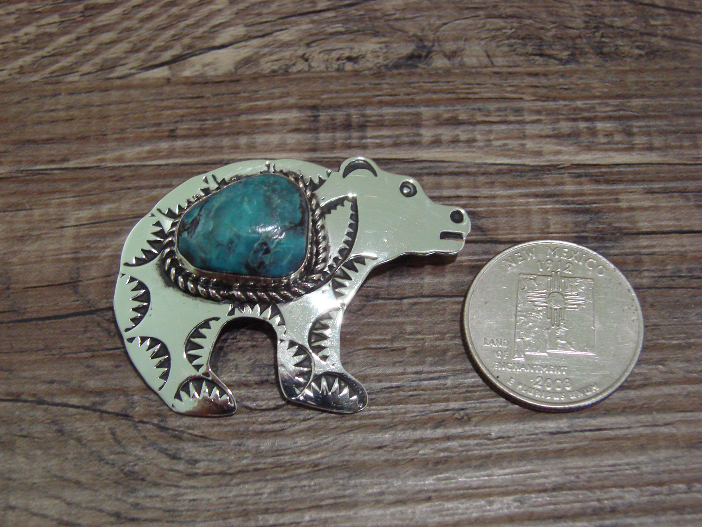 Navajo Indian Nickel Silver & Turquoise Bear Pendant - Cleveland